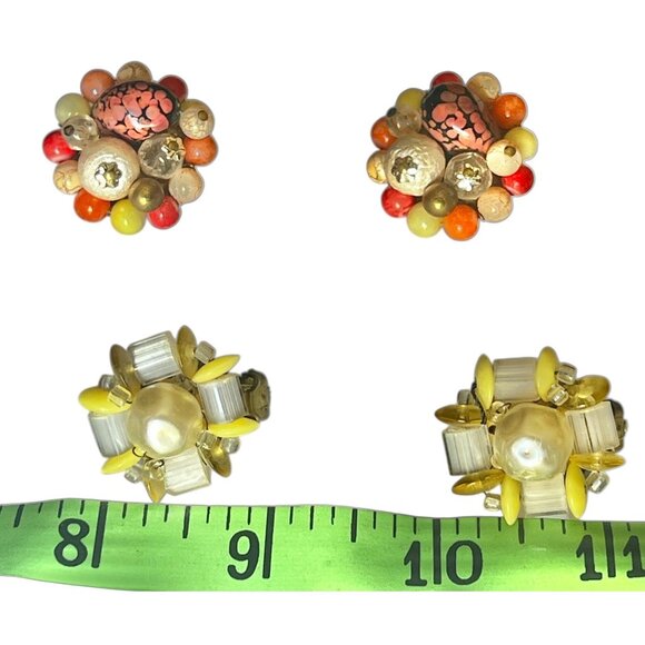 Japan Clip-On Earrings Lot Of 2 Pairs Yellow & White AND Peach OJ & White VTG - Picture 1 of 9
